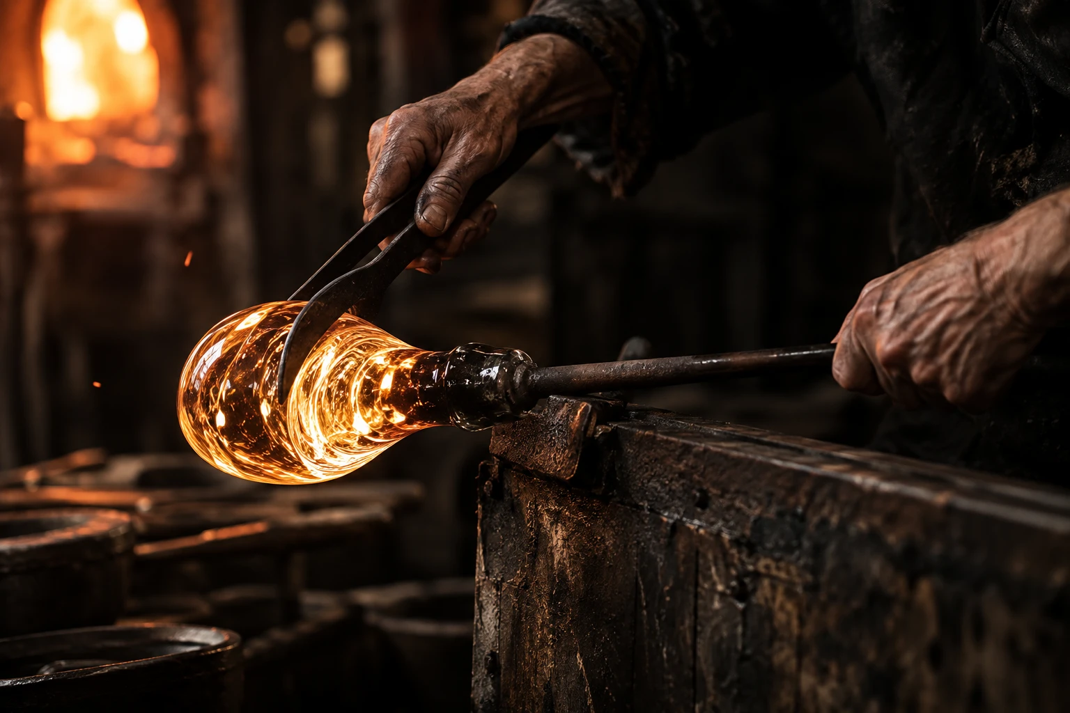 Interpretazione artistica del gesto di lavorazione del vetro incandescente