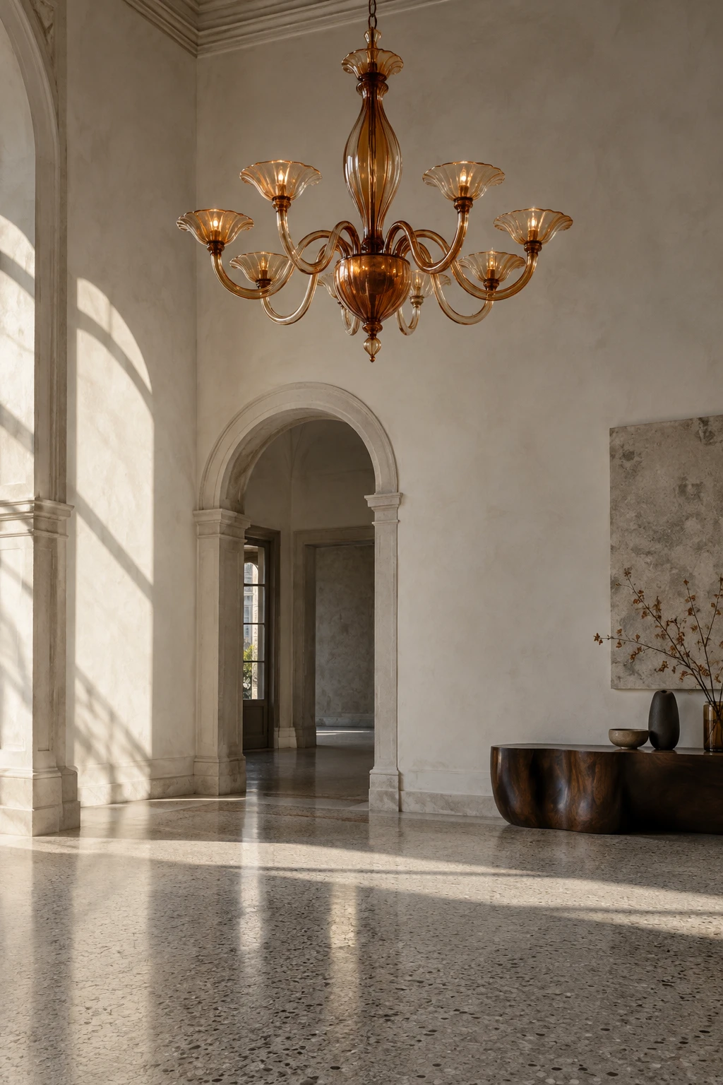 Concept di un lampadario ambrato in un palazzo veneziano contemporaneo